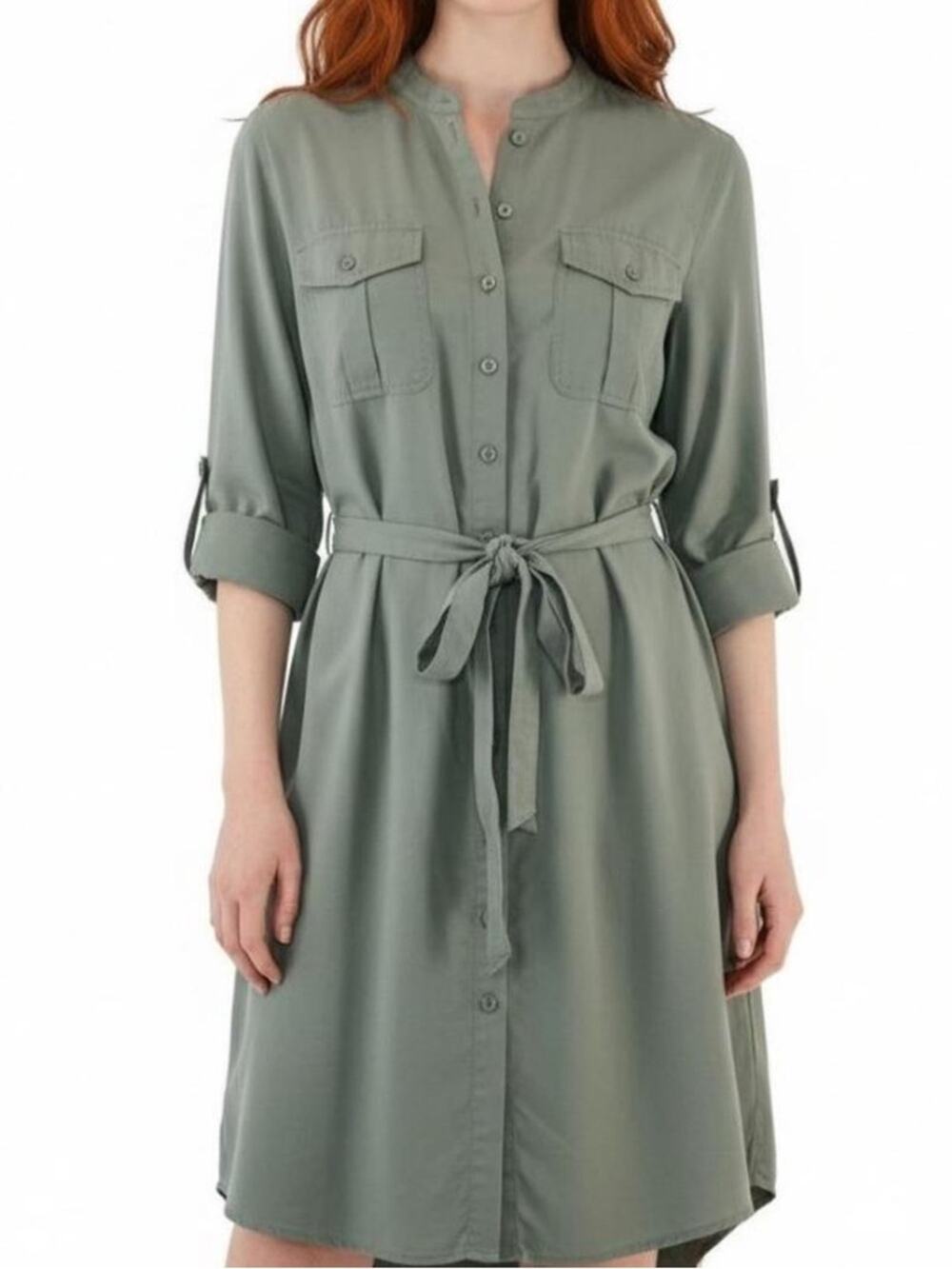 UNTUCKit Olivia Lyocell Shirt Dress Sage Green Belted Pockets Size 4